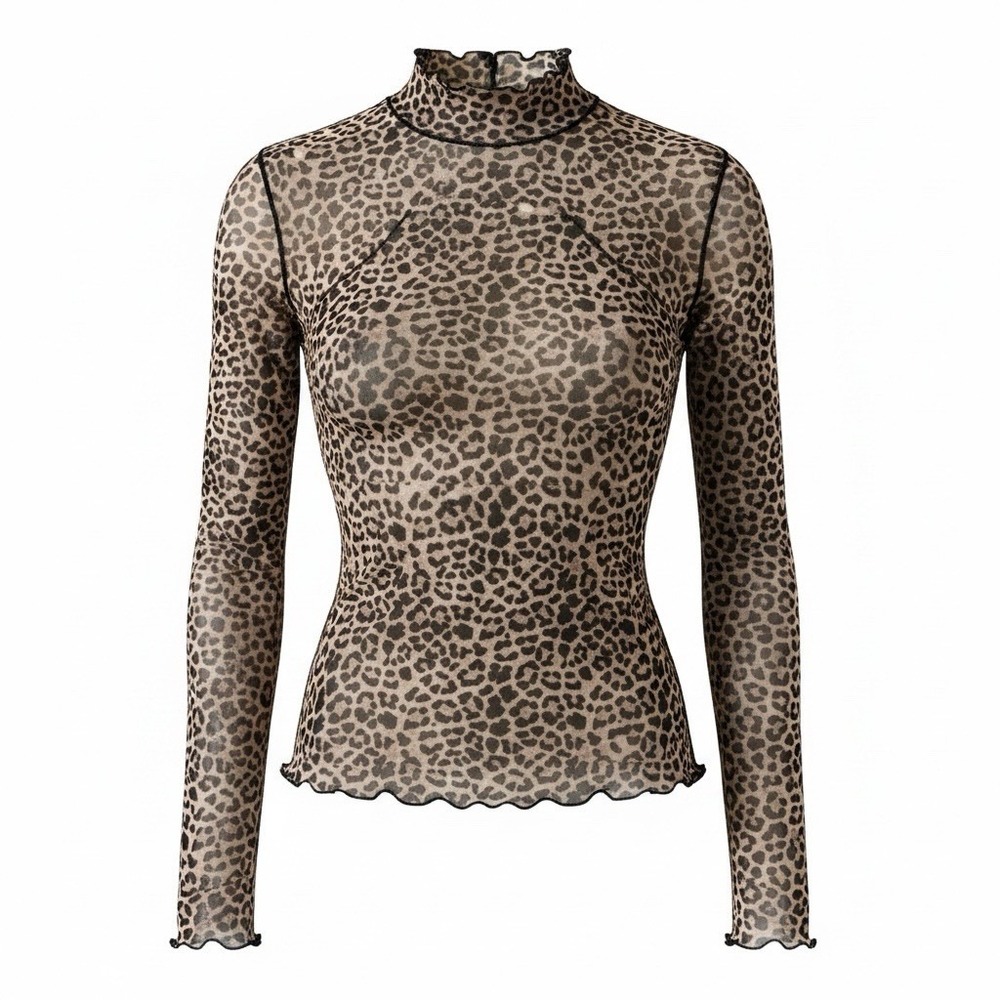 Noisy May Mesh Crop Top Women/Junior Sz S Black/Brown Leopard Print Lng Slv NWT